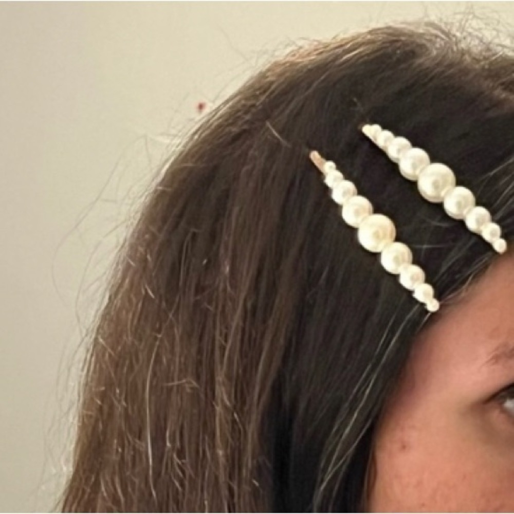 Ivory Pearl gold hairpin clip barrettes pair glam glitz bridal flower girl prom - Picture 5 of 9